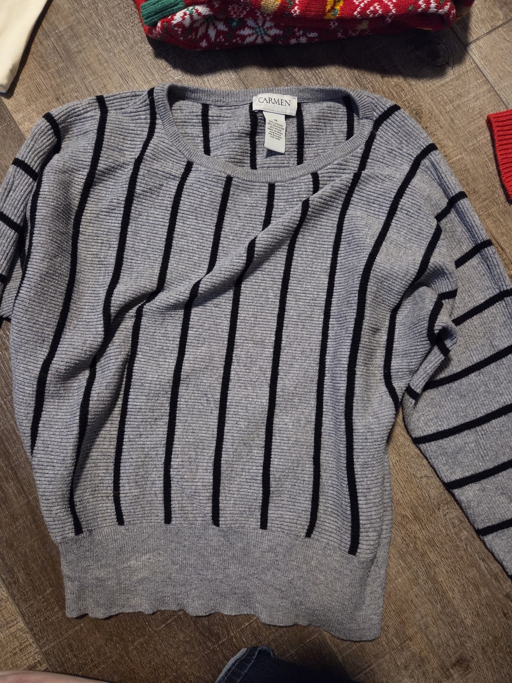 Carmen Women's Gray Crewneck Sweater with Black Stripes
